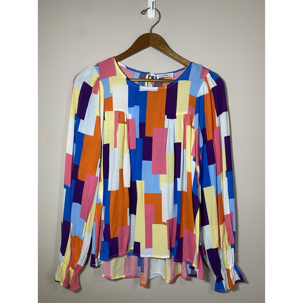 Emily Wonder‎ Top Womens SMALL Colorful Flowy Rayon Long Ruffle Sleeve Keyhole